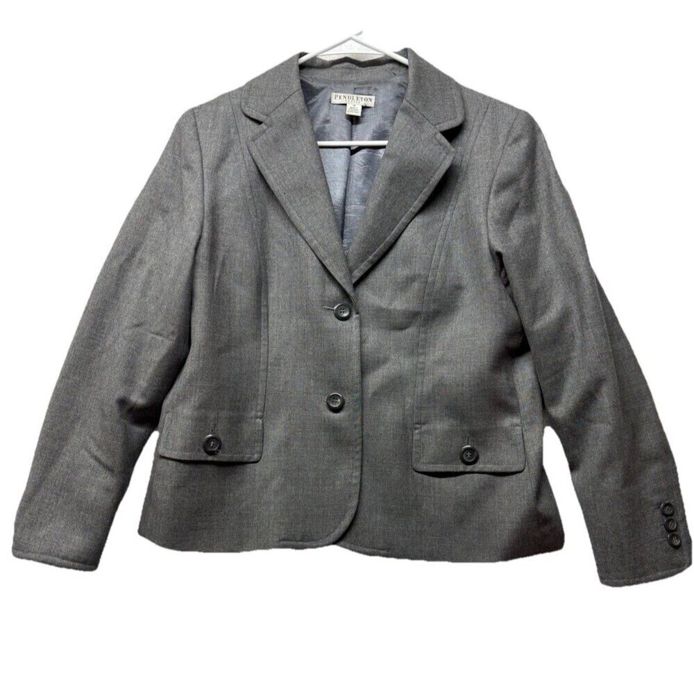 Pendleton Blazer Jacket Womens 14 P Gray Lined 100% Pure Virgin Wool USA Career